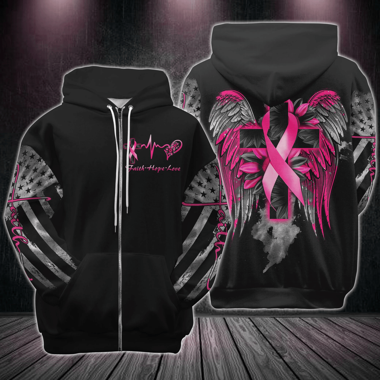 T-shirt et sweat à capuche « Sensibilisation au cancer du sein » avec tournesol et ailes croisées (réf. 0822)