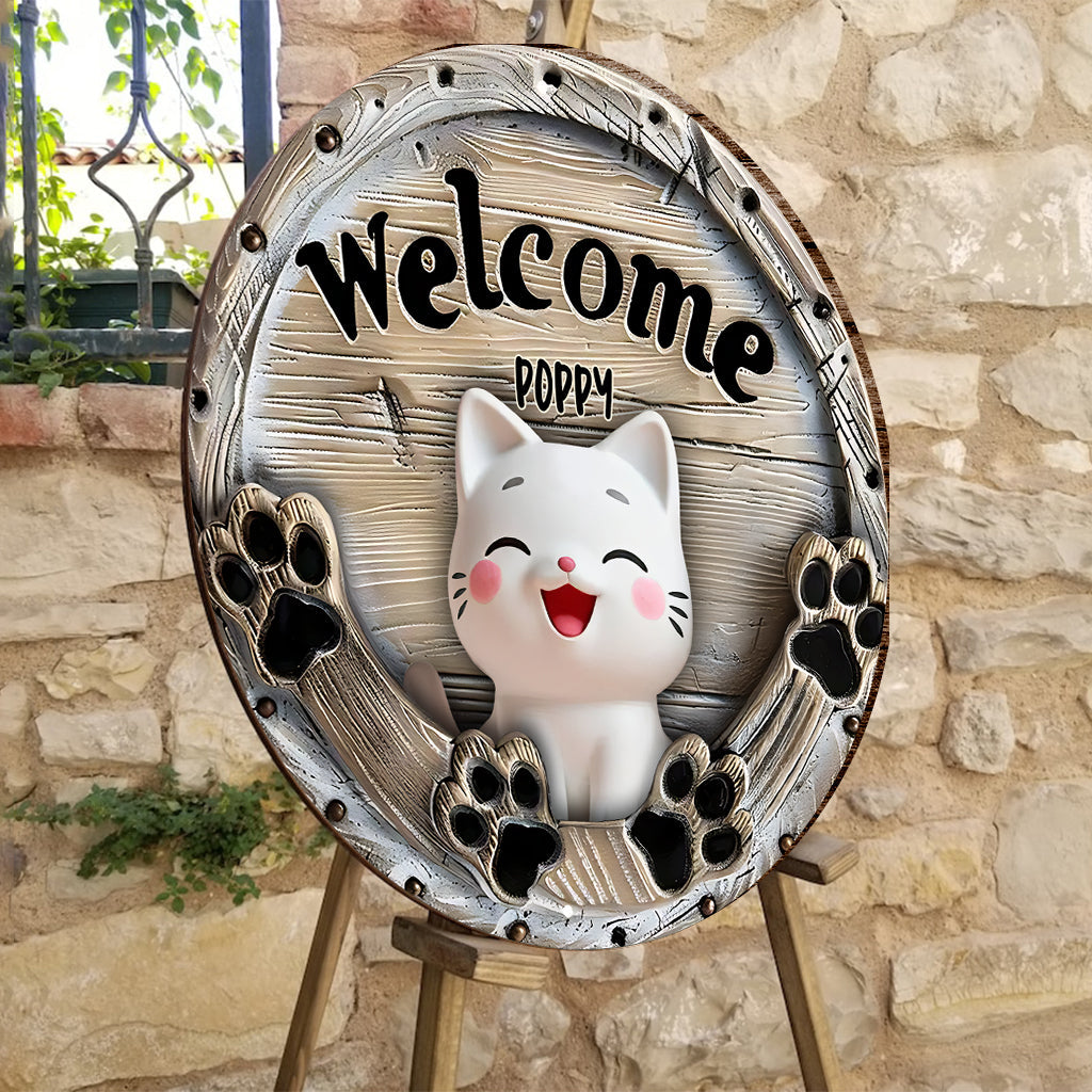 Welcome Cute Cats - Personalized Cat Round Wood Sign