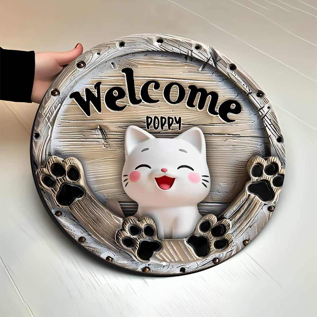 Welcome Cute Cats - Personalized Cat Round Wood Sign