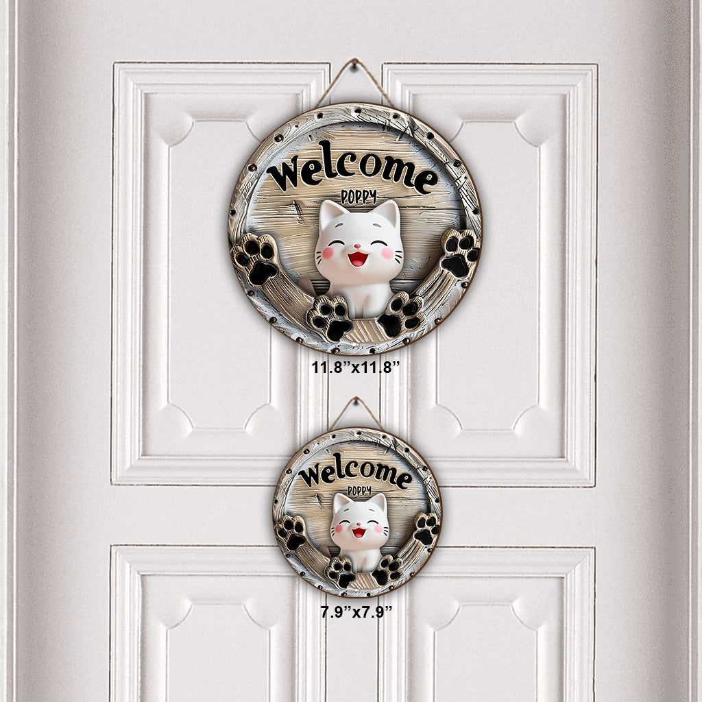 Welcome Cute Cats - Personalized Cat Round Wood Sign
