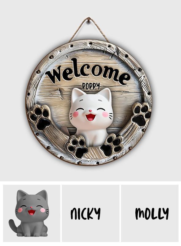 Welcome Cute Cats - Personalized Cat Round Wood Sign