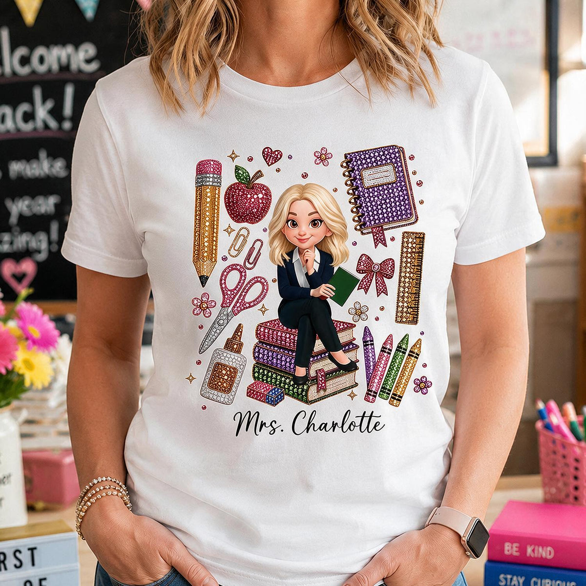 Personalized Blonde Teacher Faux Rhinestone School Supplies Shirt – Custom Name Back To School Gift For Teacher