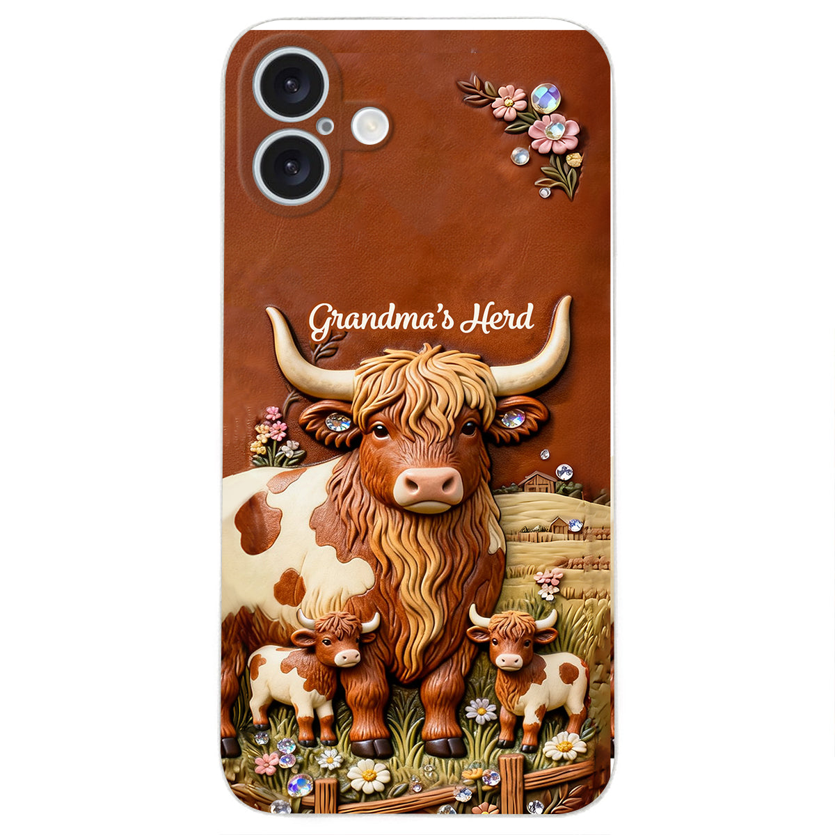 Grandma's Herd - Personalized Highland Cow 3D Embossed Leather Phone Case