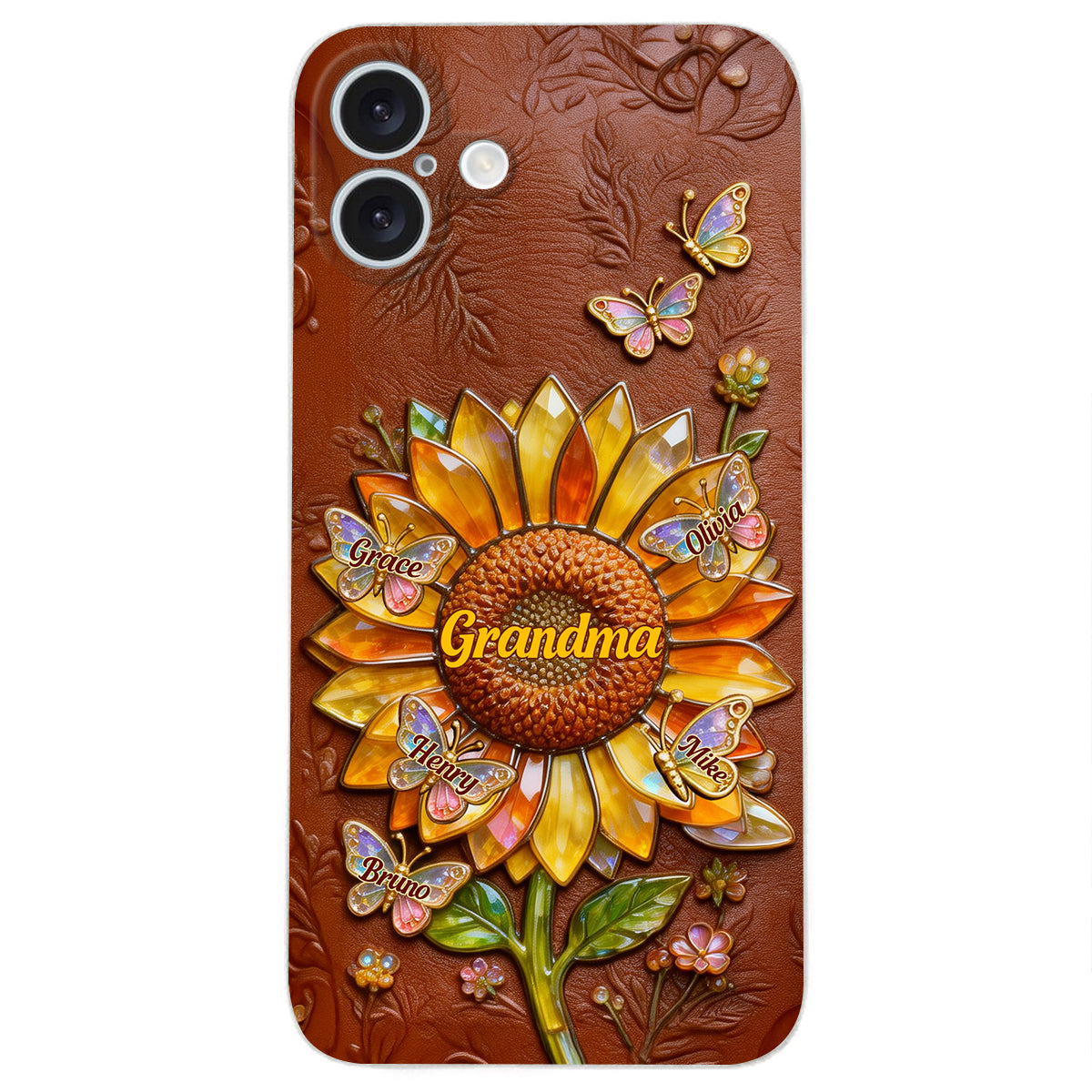 Grandma Sunflower - Personalized Grandma 3D Embossed Leather Phone Case
