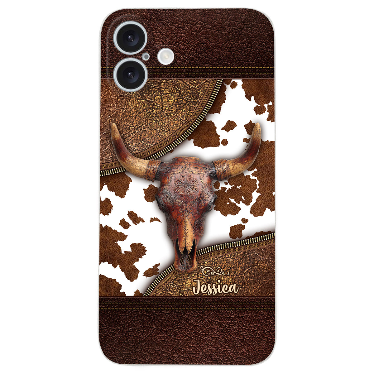Skeleton Bull Skull - Personalized Western Leather Phone Case