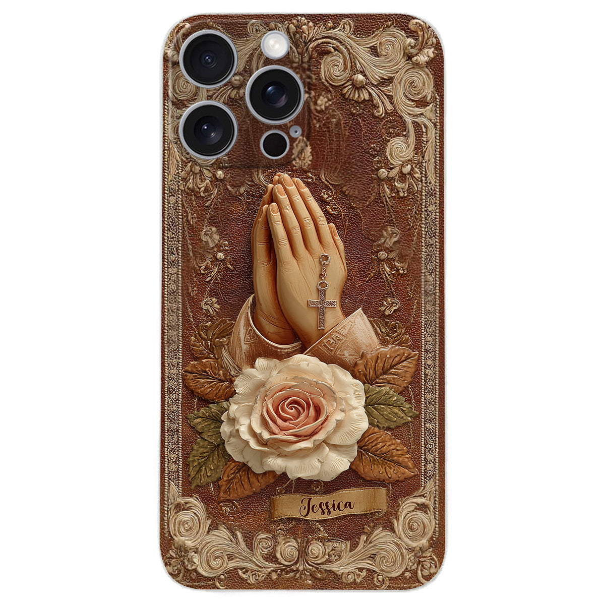 Praying Hands With Roses - Personalized Christian Leather Phone Case