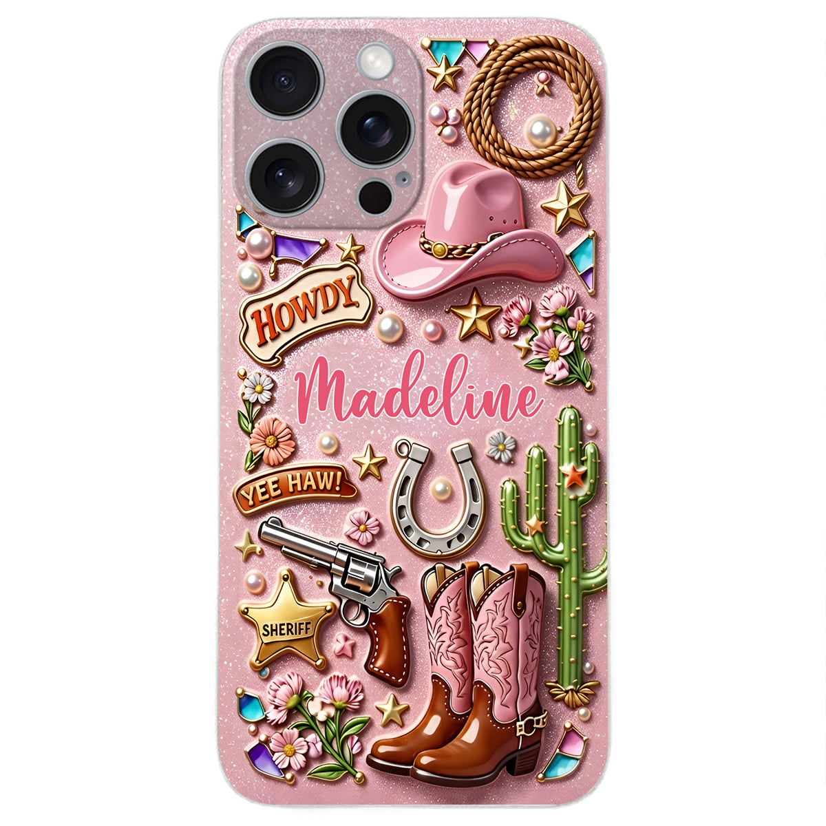 Cowgirl Gift, Whimsical Wild West Western - Personalized Cowgirl 3D Embossed Leather Phone Case