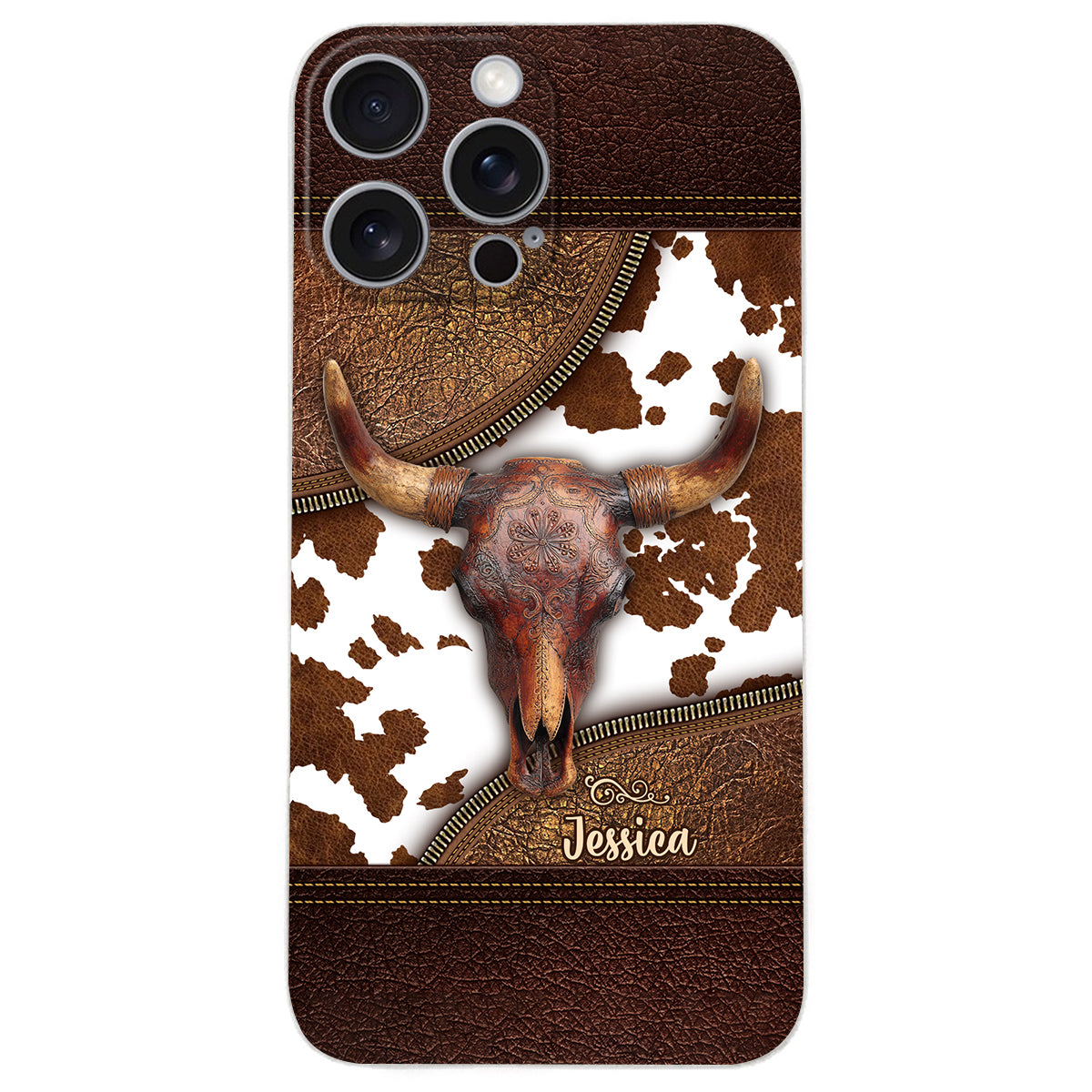 Skeleton Bull Skull - Personalized Western Leather Phone Case