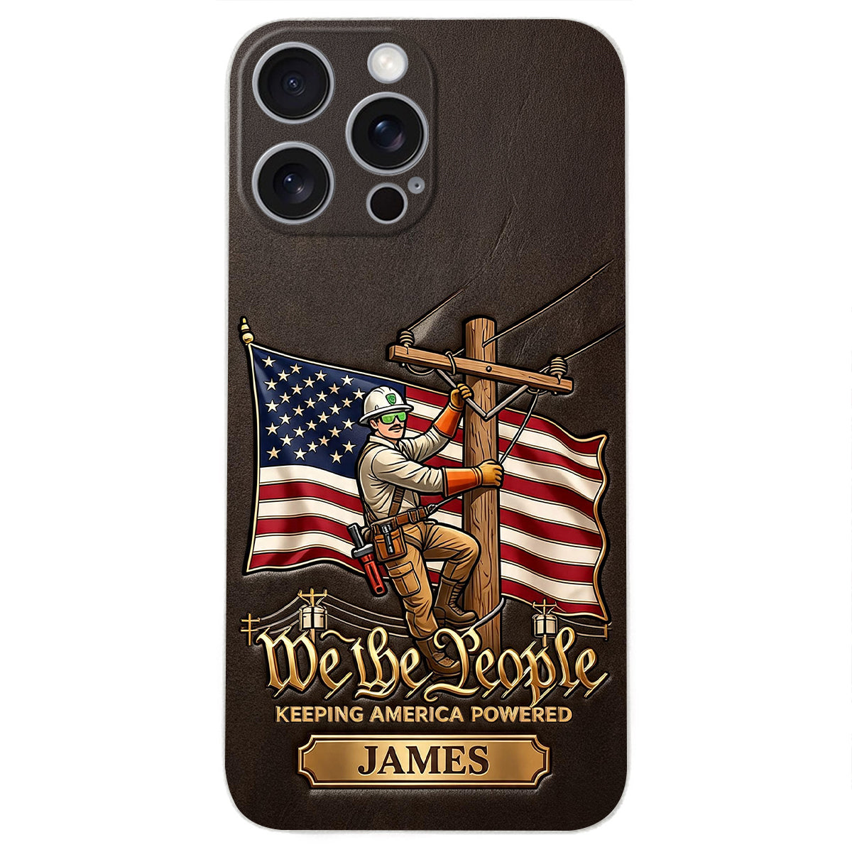 We The People - Personalized Lineman 3D Embossed Leather Phone Case