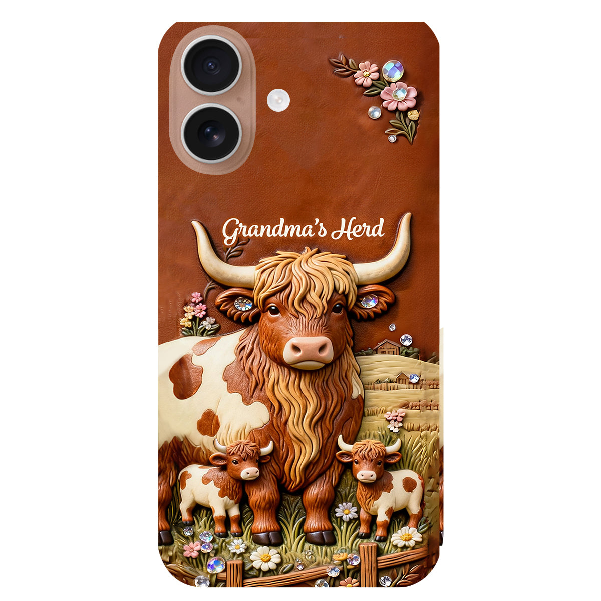 Grandma's Herd - Personalized Highland Cow 3D Embossed Leather Phone Case