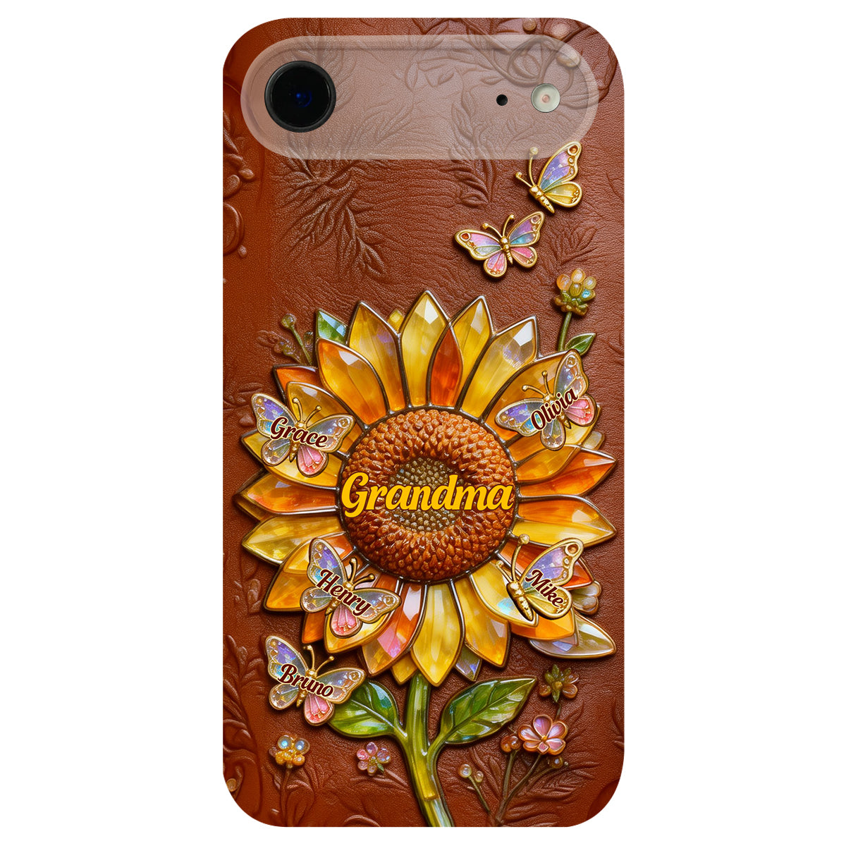 Grandma Sunflower - Personalized Grandma 3D Embossed Leather Phone Case