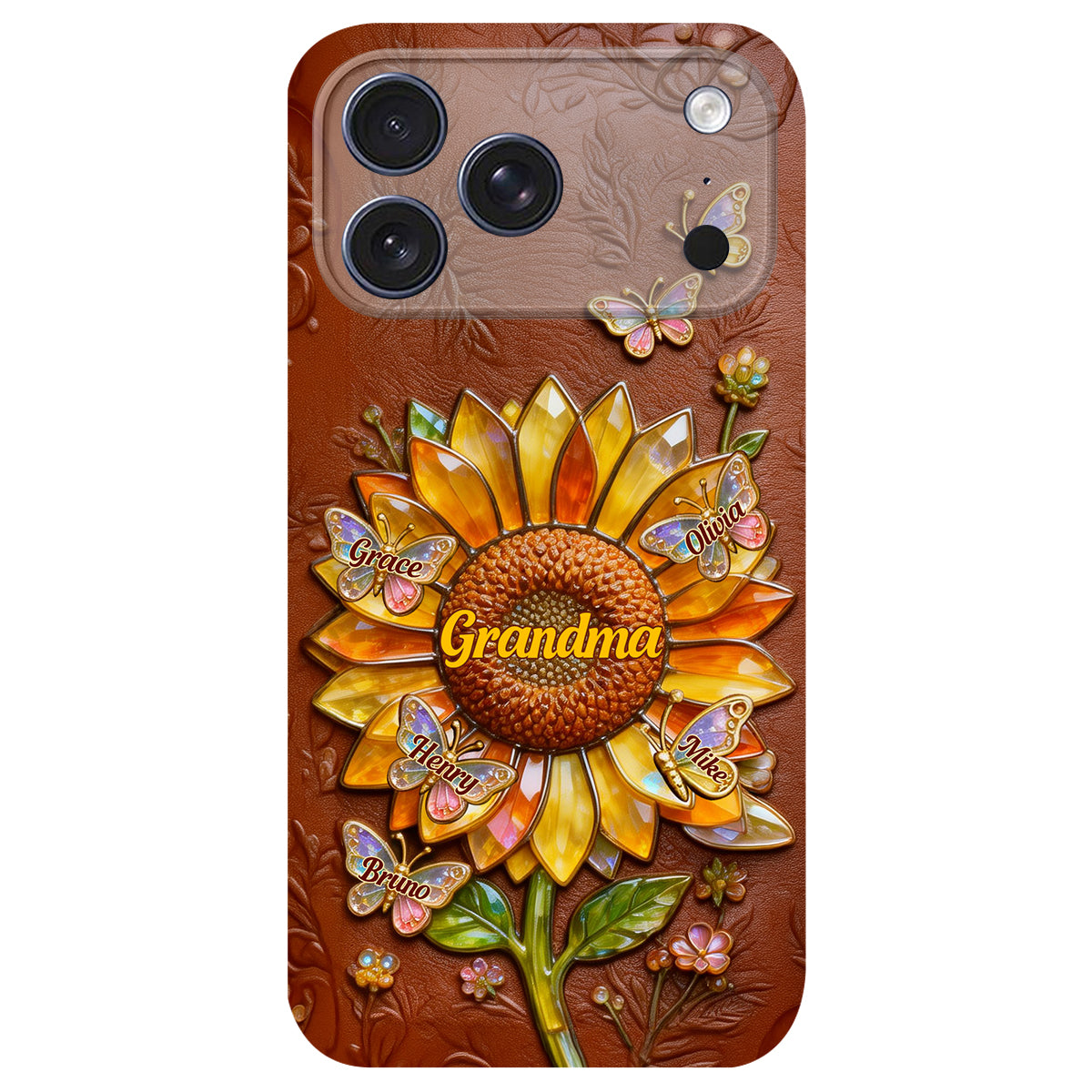 Grandma Sunflower - Personalized Grandma 3D Embossed Leather Phone Case
