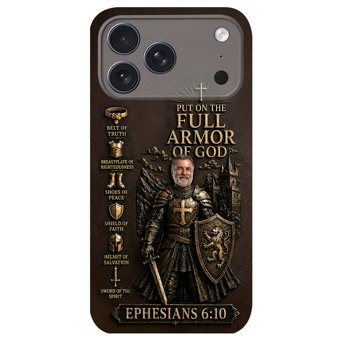 Put On The Full Amor Of God, Gift for Christians - Personalized Christian 3D Embossed Leather Phone Case