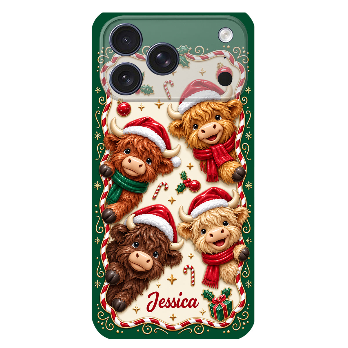 Merry Christmas Cute Highland Cows - Personalized Highland Cow 3D Embossed Leather Phone Case
