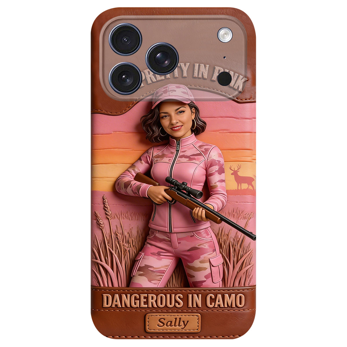 Étui de téléphone en cuir personnalisé avec n'importe quelle photo de chasse dangereuse en camouflage - Étui de téléphone de chasse en cuir personnalisé