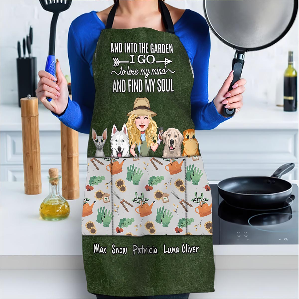 And Into The Garden I Go - Gardening gift for mom, wife, her, girlfriend, grandma, dog lover, cat lover - Personalized Apron