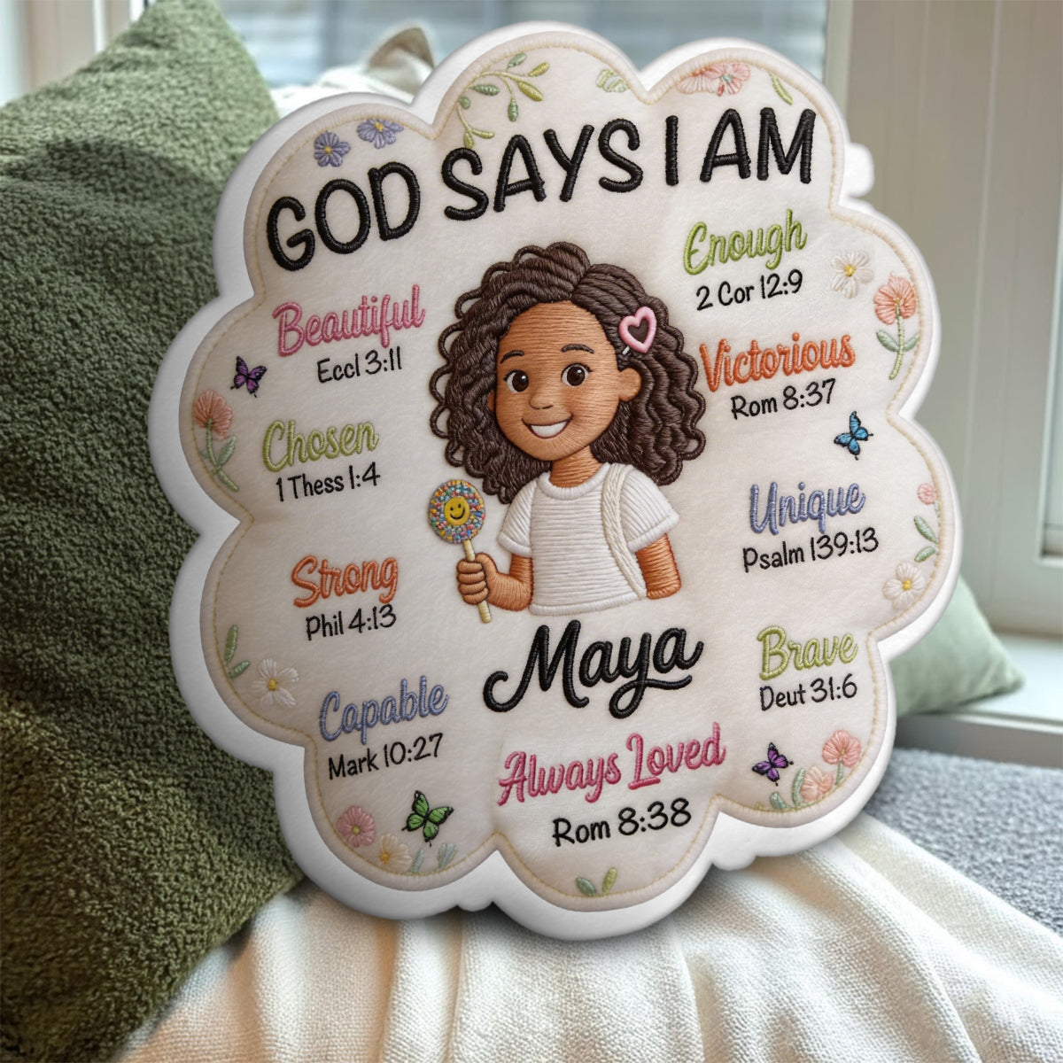 God Says I Am - Affirmation Gift - Personalized Young Girl Faux Fur Shaped Pillow