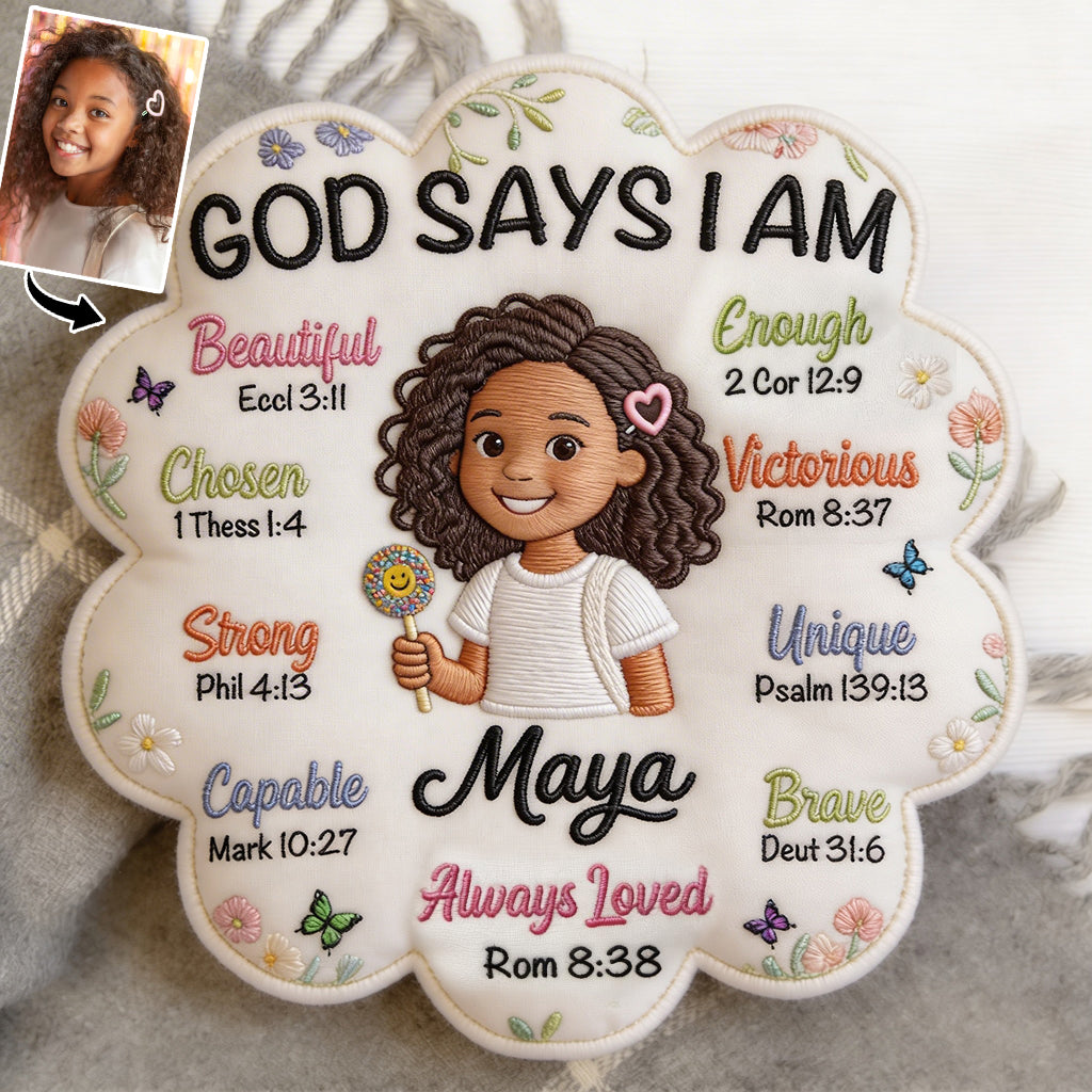 Gott sagt, ich bin - Affirmationsgeschenk - Personalisierter Kinder-Faux-Fur-Kissen