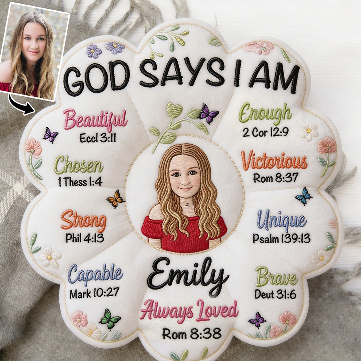 GOD SAYS I AM Personalized Embroidered Flower Pillow