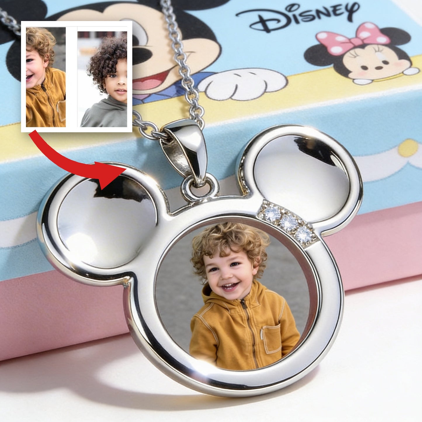 Big Ears Mickey Mouse Shape - Custom From Photo & Alphabet - Personalized Mickey Mouse Shaped Metal Pendant Necklace
