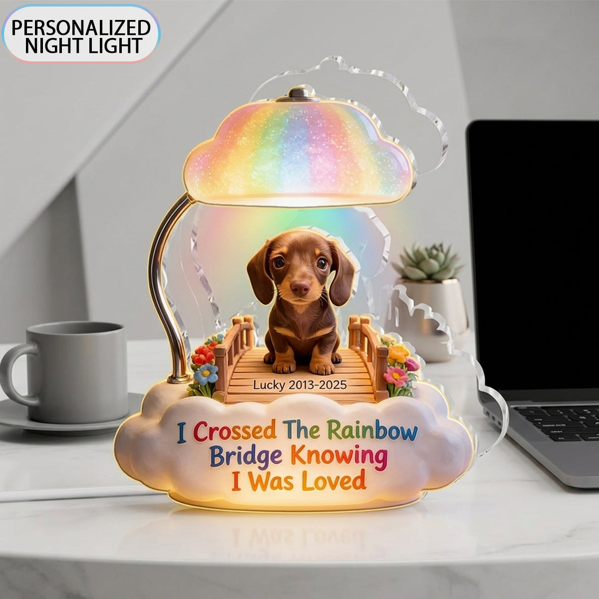 I Crossed The Rainbow Bridge - Personalized Black and Tan Dachshund Acrylic LED Night Light