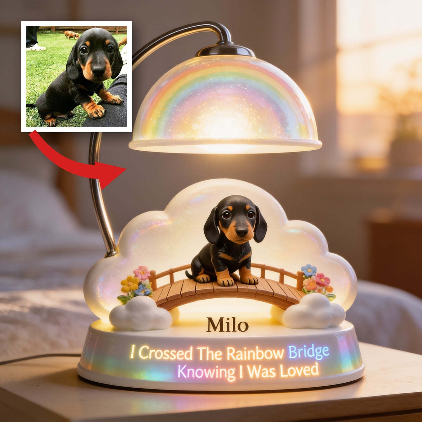 I Crossed The Rainbow Bridge - Personalized Black and Tan Dachshund Acrylic LED Night Light