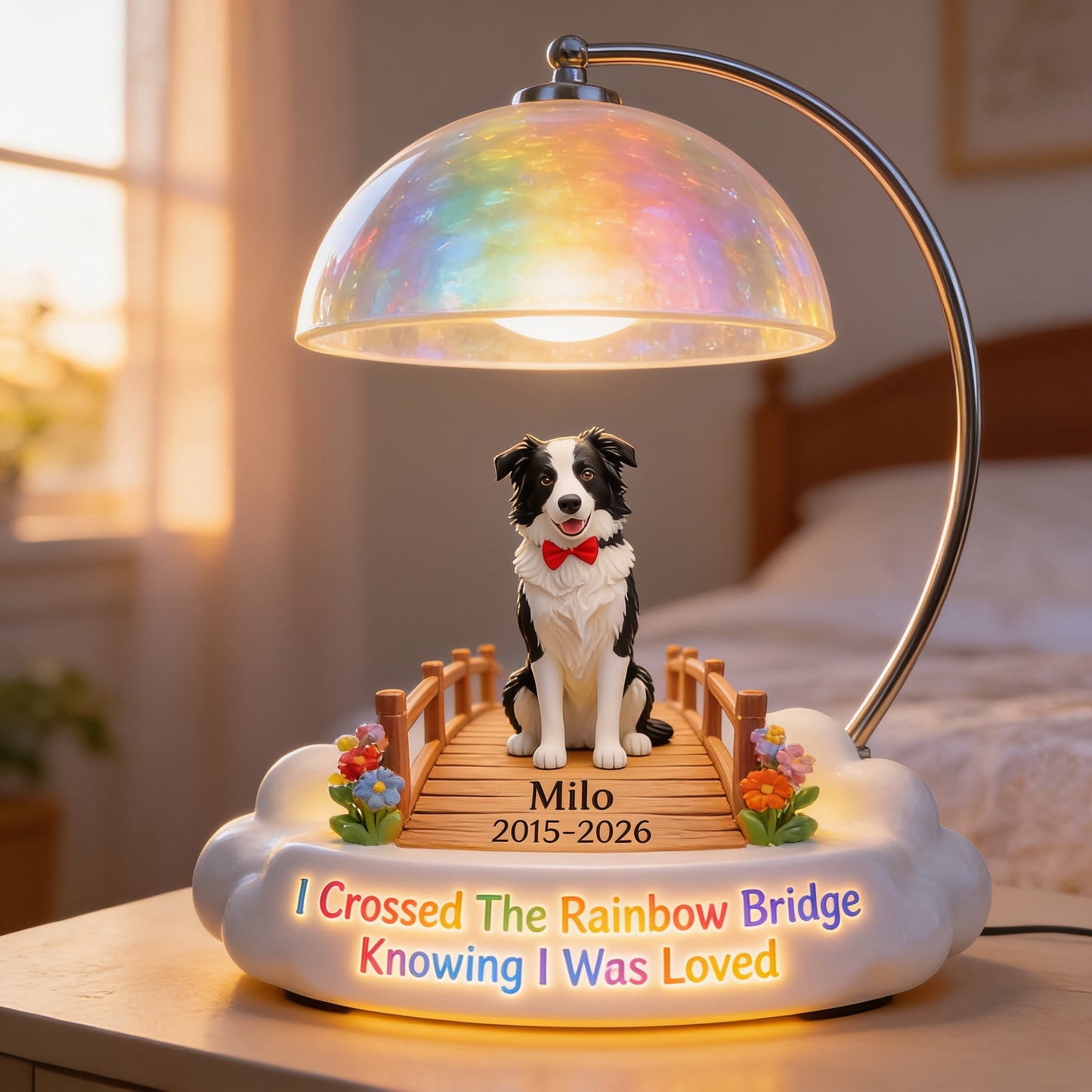 I Crossed The Rainbow Bridge - Personalized Black And White Border Collie Acrylic LED Night Light