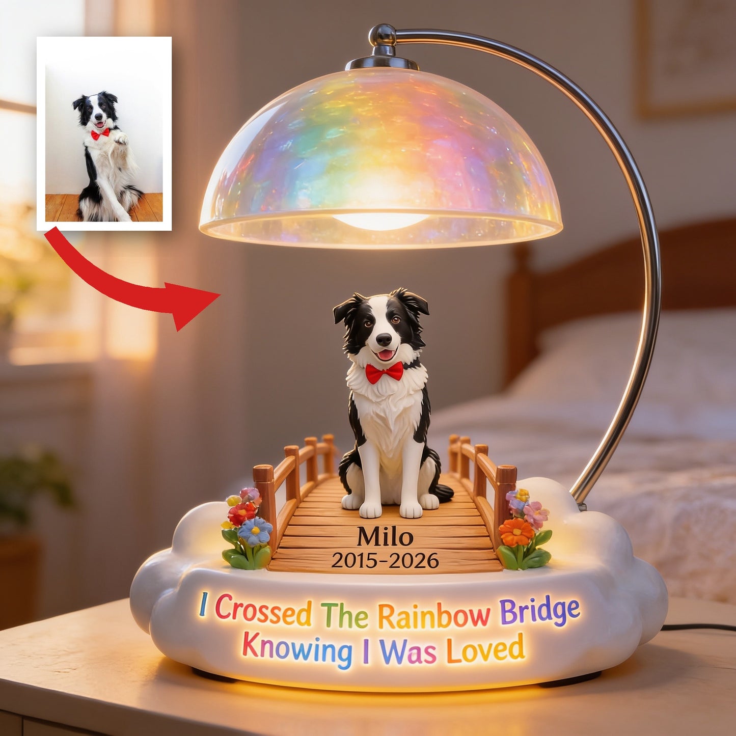 I Crossed The Rainbow Bridge - Personalized Black And White Border Collie Acrylic LED Night Light