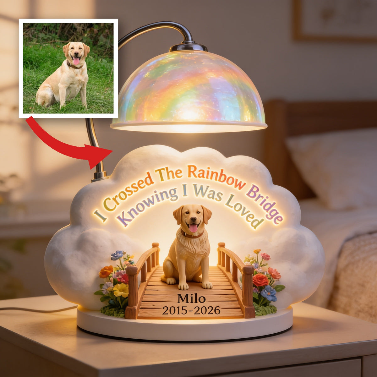 Ich habe die Regenbogenbrücke überquert - Personalisierte Gelbe Labrador Retriever Acryl LED Nachtlicht