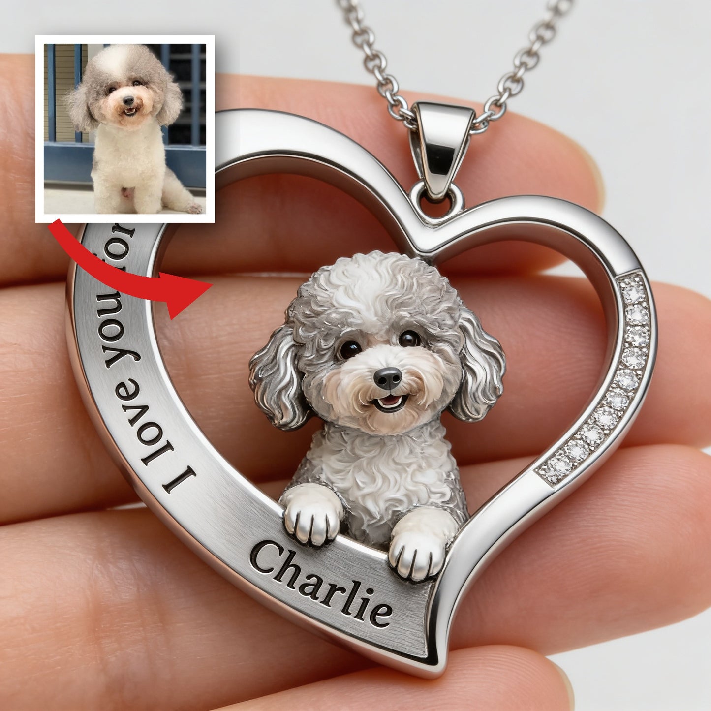 Custom From Any Photo - Personalized Fluffy Poodle Shaped Metal Pendant Necklace