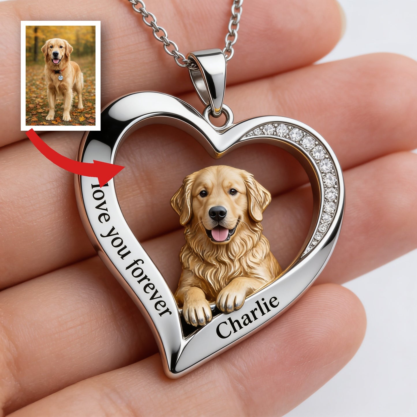 Custom From Any Photo - Personalized Fluffy Golden Retriever Shaped Metal Pendant Necklace