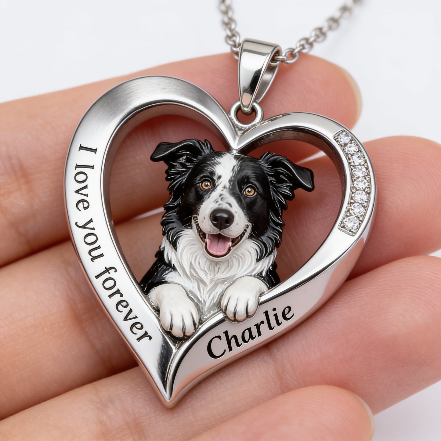 Custom From Any Photo - Personalized Black and White Border Collie Shaped Metal Pendant Necklace