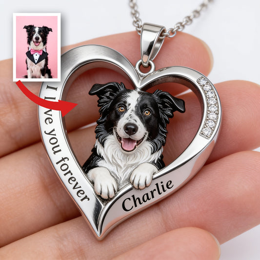 Custom From Any Photo - Personalized Black and White Border Collie Shaped Metal Pendant Necklace