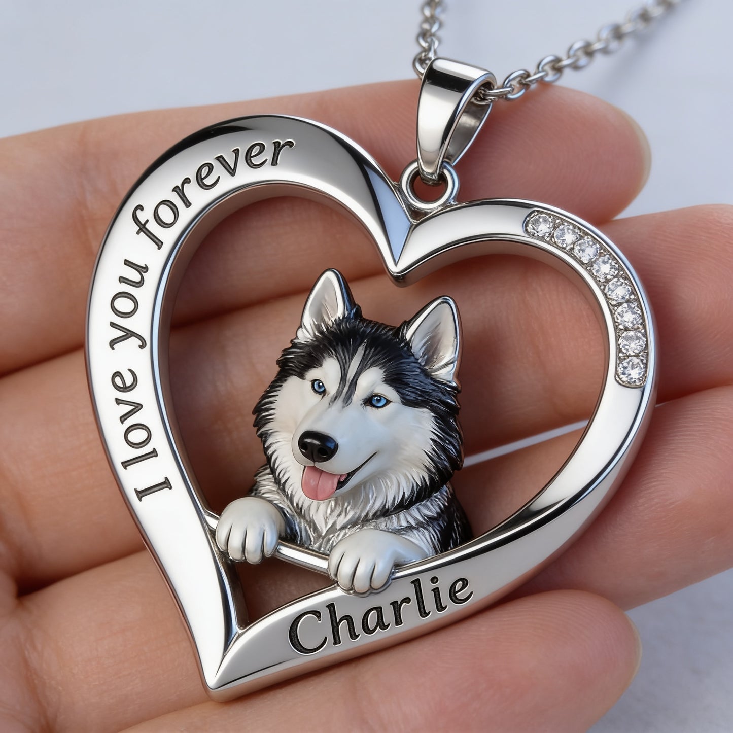 Custom From Any Photo - Personalized Blue Eyed Siberian Husky Shaped Metal Pendant Necklace