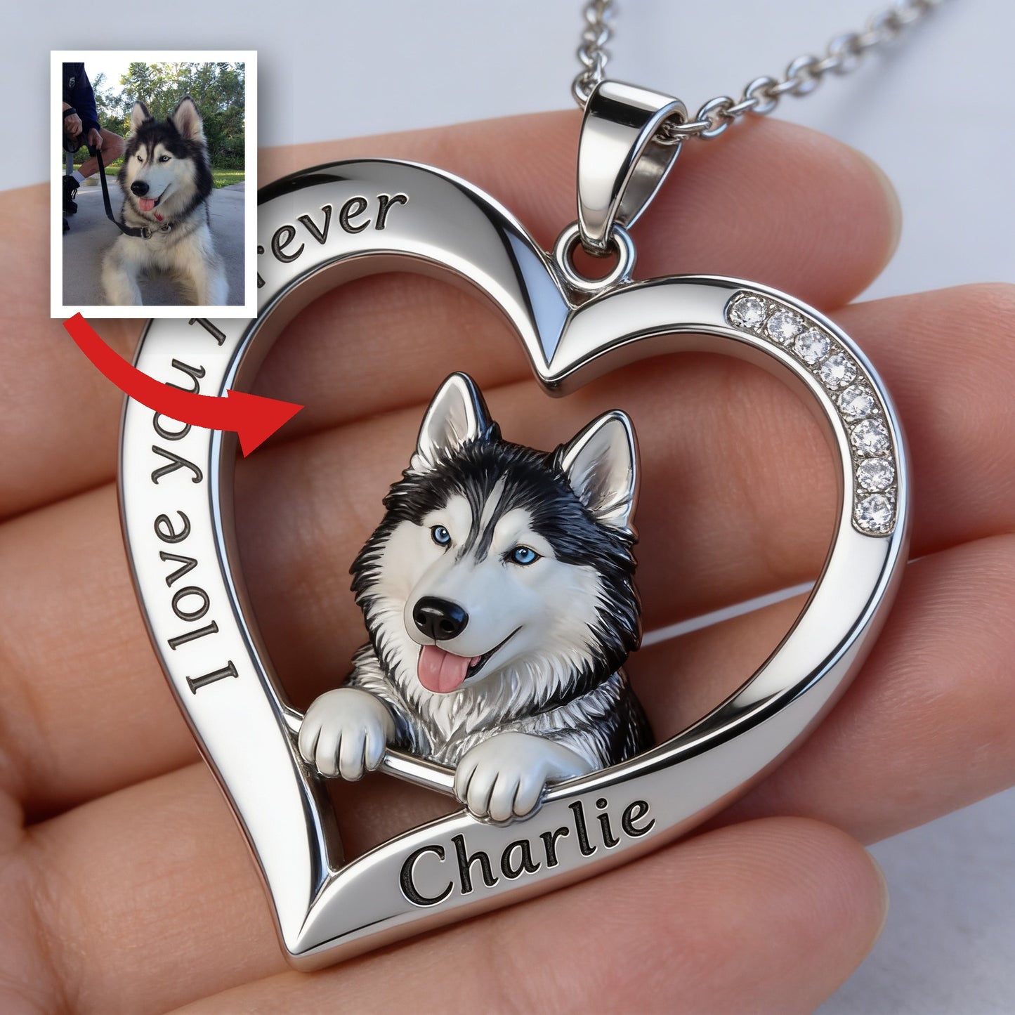 Custom From Any Photo - Personalized Blue Eyed Siberian Husky Shaped Metal Pendant Necklace