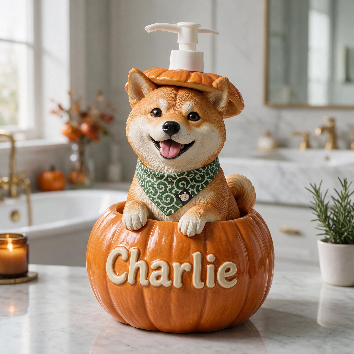 Personalized Peekaboo Shiba Inu Pumpkin Soap Dispenser Cute Fall Home Decor Dog Lover Gift