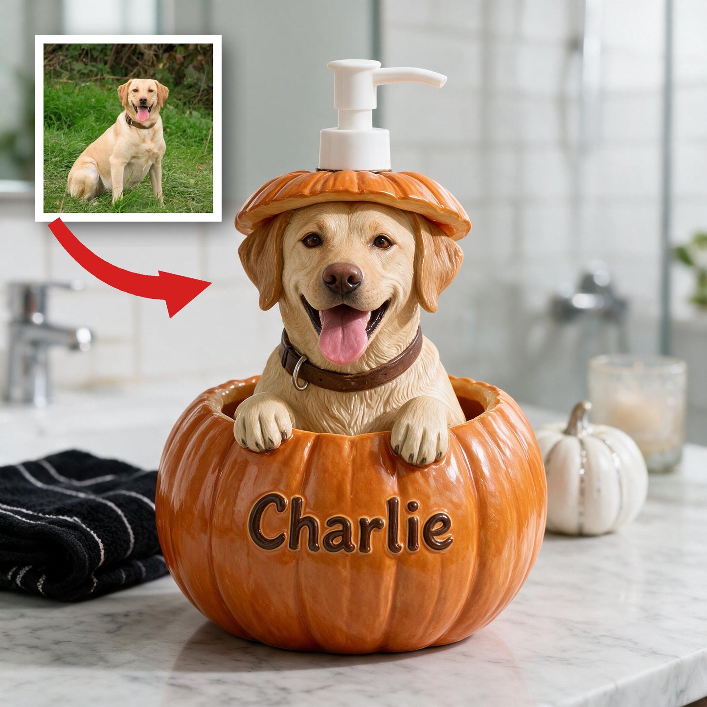 Personalized Yellow Labrador Retriever Pumpkin Peekaboo Soap Dispenser, Cute Fall Decor Gift for Dog Lovers