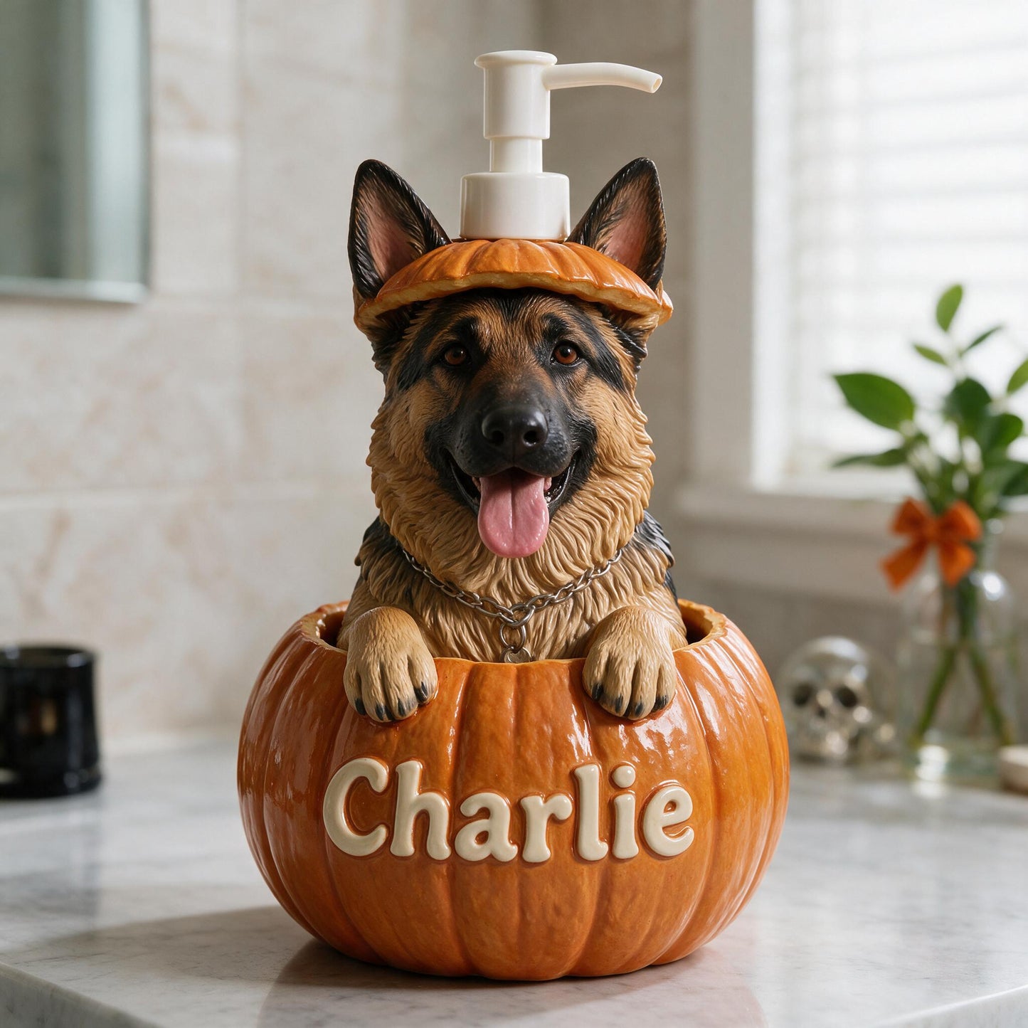 Personalized German Shepherd Pumpkin Peek Soap Pump Dispenser Fall Halloween Dog Lover Gift