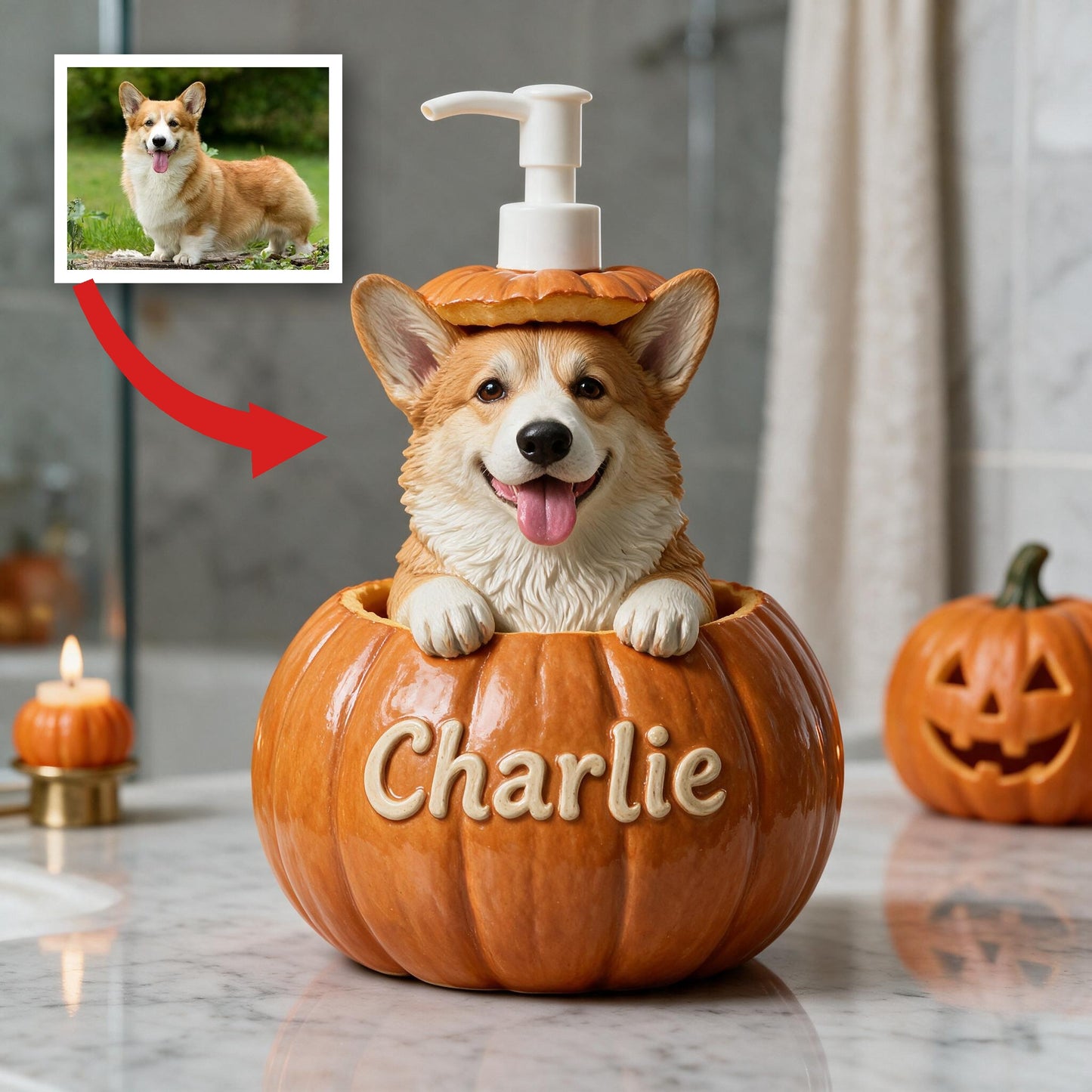Personalized Welsh Corgi Pumpkin Peek-A-Boo Pump Dispenser Cute Fall Halloween Gift for Corgi Dog Lovers