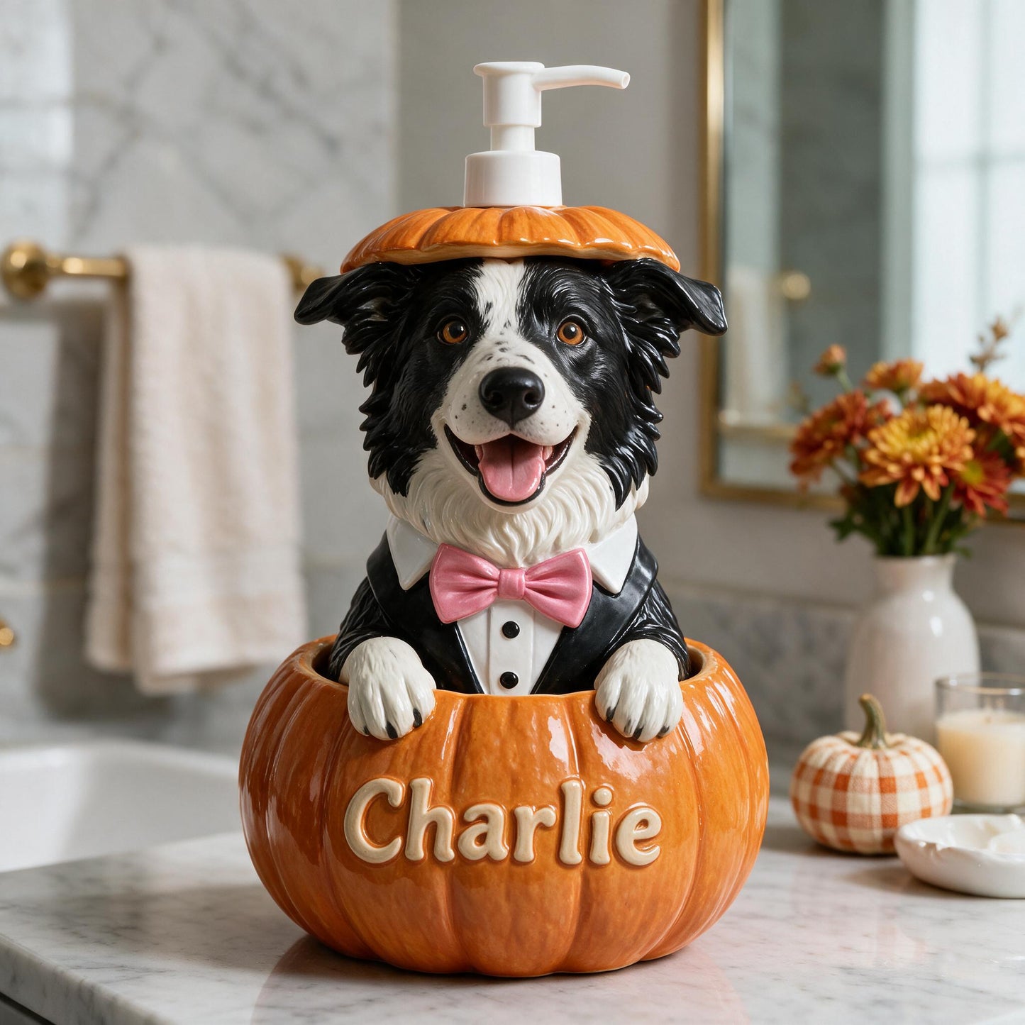 Personalized Black and White Border Collie Pumpkin Peek-A-Boo Soap Pump Dispenser, Cute Fall Dog Lover Home Decor Gift