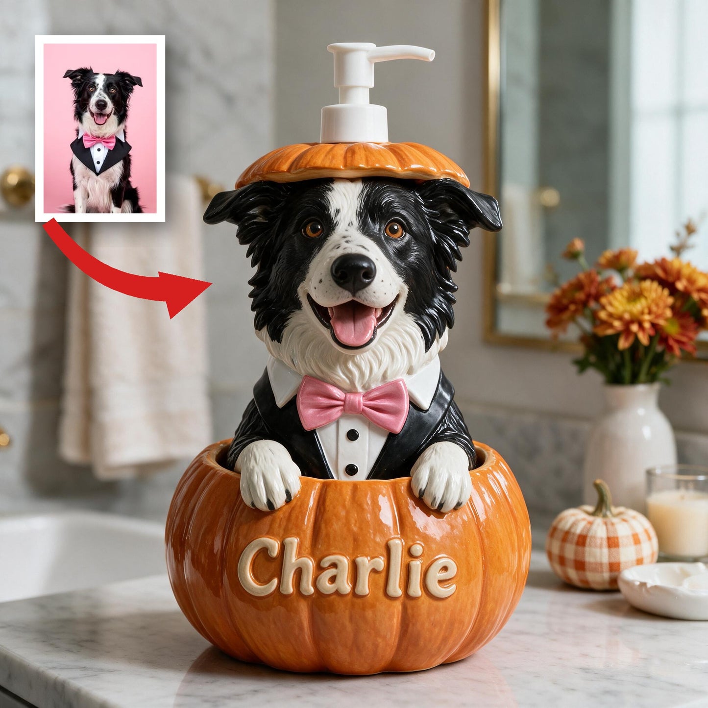 Personalized Black and White Border Collie Pumpkin Peek-A-Boo Soap Pump Dispenser, Cute Fall Dog Lover Home Decor Gift