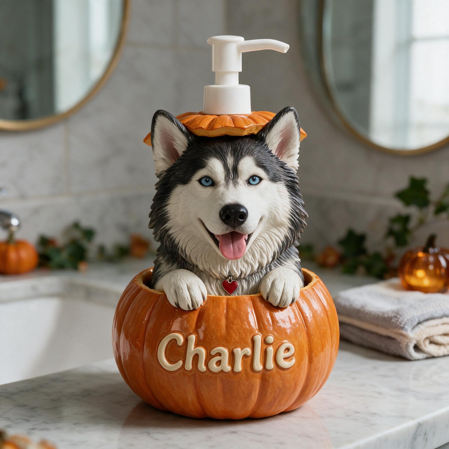 Personalized Blue-Eyed Siberian Husky Pumpkin Peek Soap Pump Dispenser Fall Halloween Dog Lover Gift