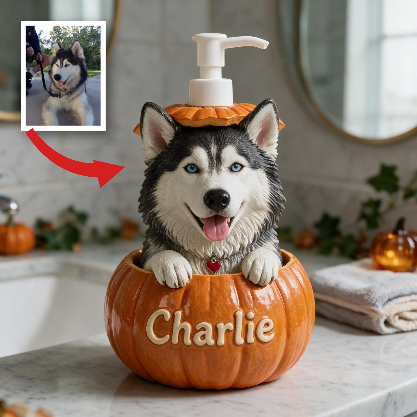Personalized Blue-Eyed Siberian Husky Pumpkin Peek Soap Pump Dispenser Fall Halloween Dog Lover Gift
