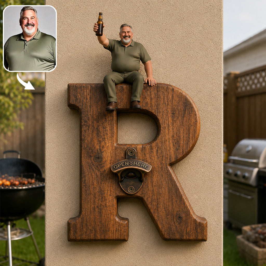 Personalized Letter Wall Bottle Opener | Funny Bearded Beer Lover Man Design, Rustic Home Bar Gift for Dad Beer Enthusiasts