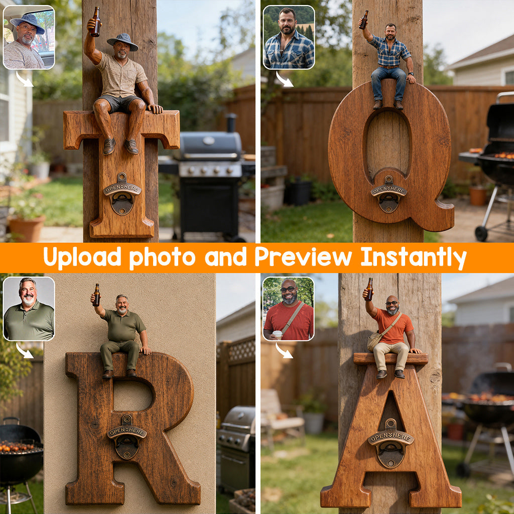 Personalized Letter Wall Bottle Opener | Funny Bearded Beer Lover Man Design, Rustic Home Bar Gift for Dad Beer Enthusiasts