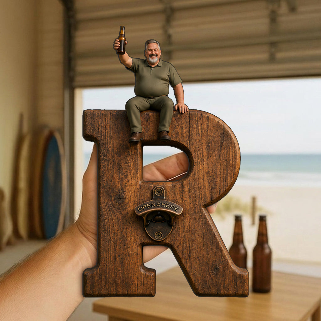 Personalized Letter Wall Bottle Opener | Funny Bearded Beer Lover Man Design, Rustic Home Bar Gift for Dad Beer Enthusiasts
