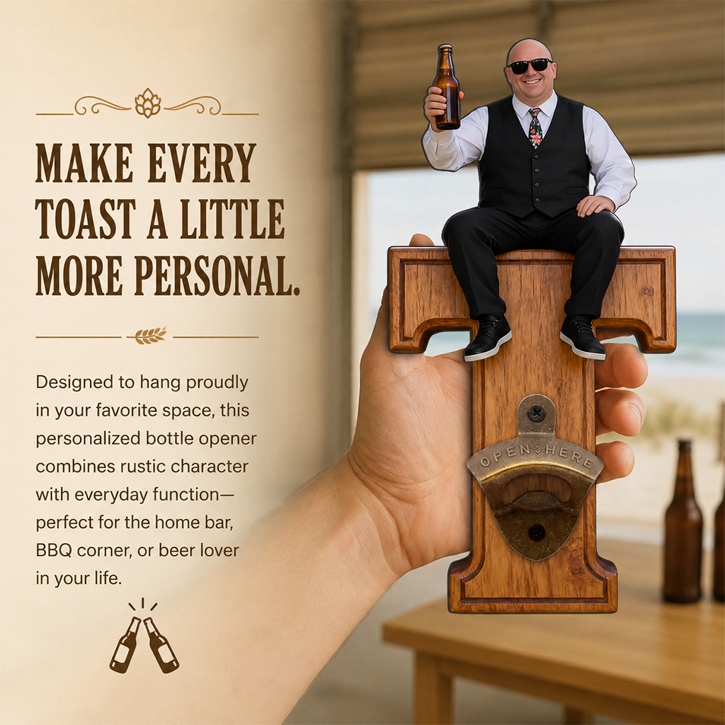 Personalized Letter Wall Bottle Opener | Funny Bearded Beer Lover Man Design, Rustic Home Bar Gift for Dad Beer Enthusiasts