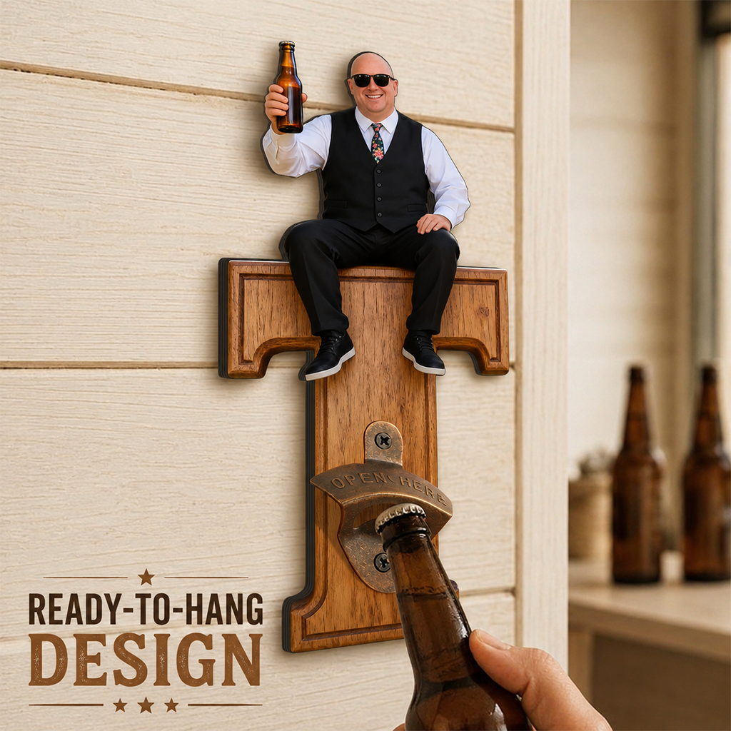 Personalized Letter Wall Bottle Opener | Funny Bearded Beer Lover Man Design, Rustic Home Bar Gift for Dad Beer Enthusiasts