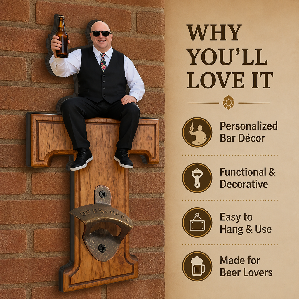 Personalized Letter Wall Bottle Opener | Funny Bearded Beer Lover Man Design, Rustic Home Bar Gift for Dad Beer Enthusiasts