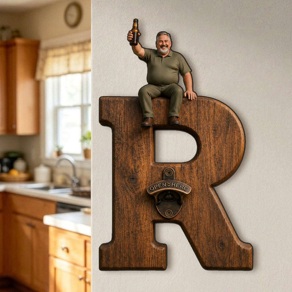 Personalized Letter Wall Bottle Opener | Funny Bearded Beer Lover Man Design, Rustic Home Bar Gift for Dad Beer Enthusiasts